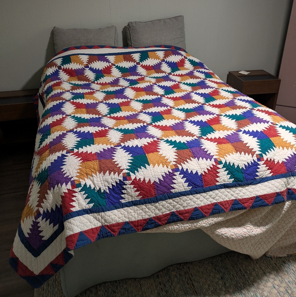 Colorful Geometric Quilt Queen Bedspread - Vtg - Picture 6 of 6
